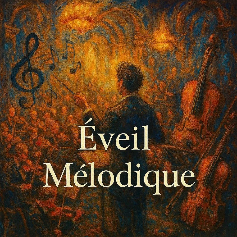 Pochette Éveil Mélodique — Remixes : peinture d'un chef d'orchestre et d'instruments à cordes