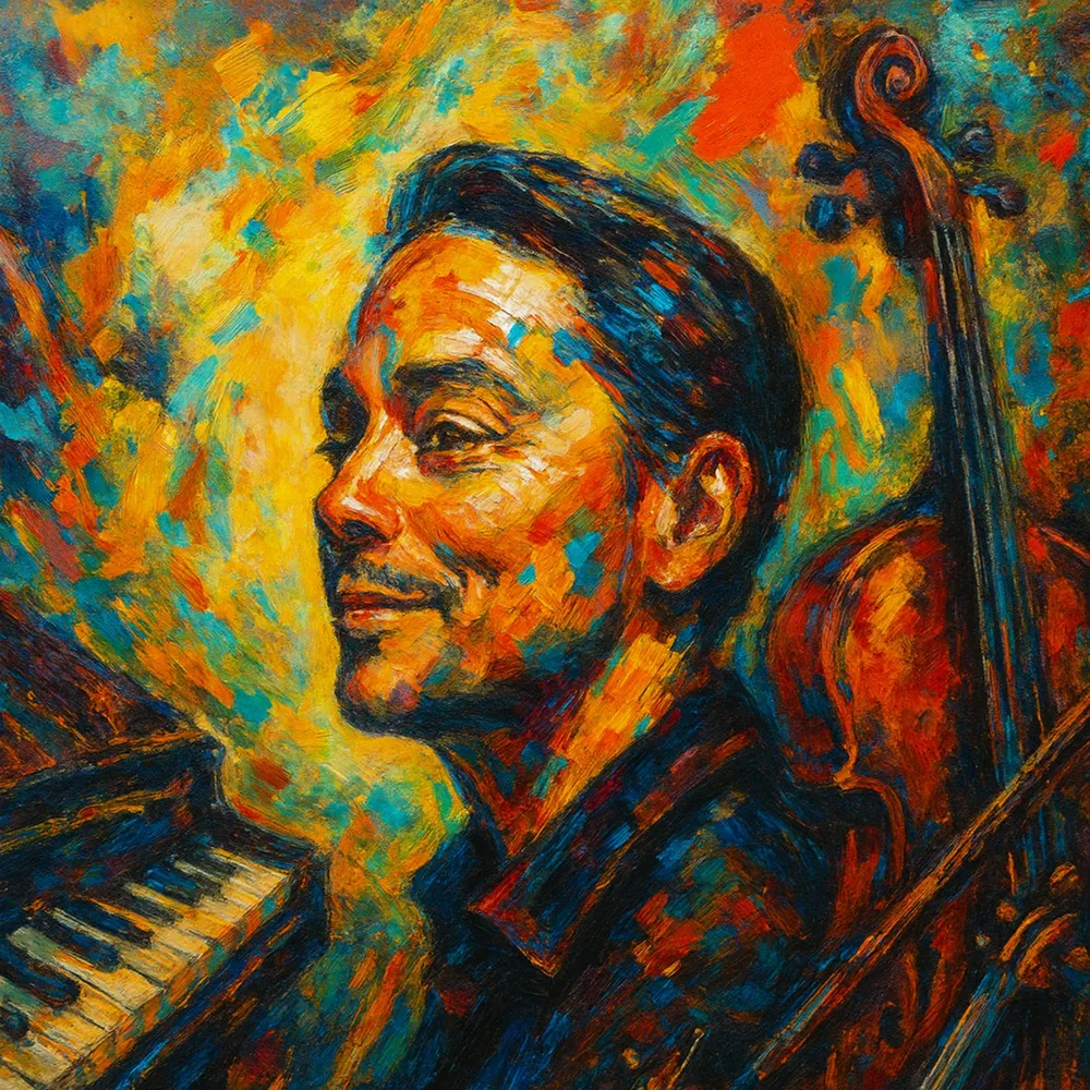 Portrait peint de Pascal Tran-Giorgetti, entre piano et violoncelle